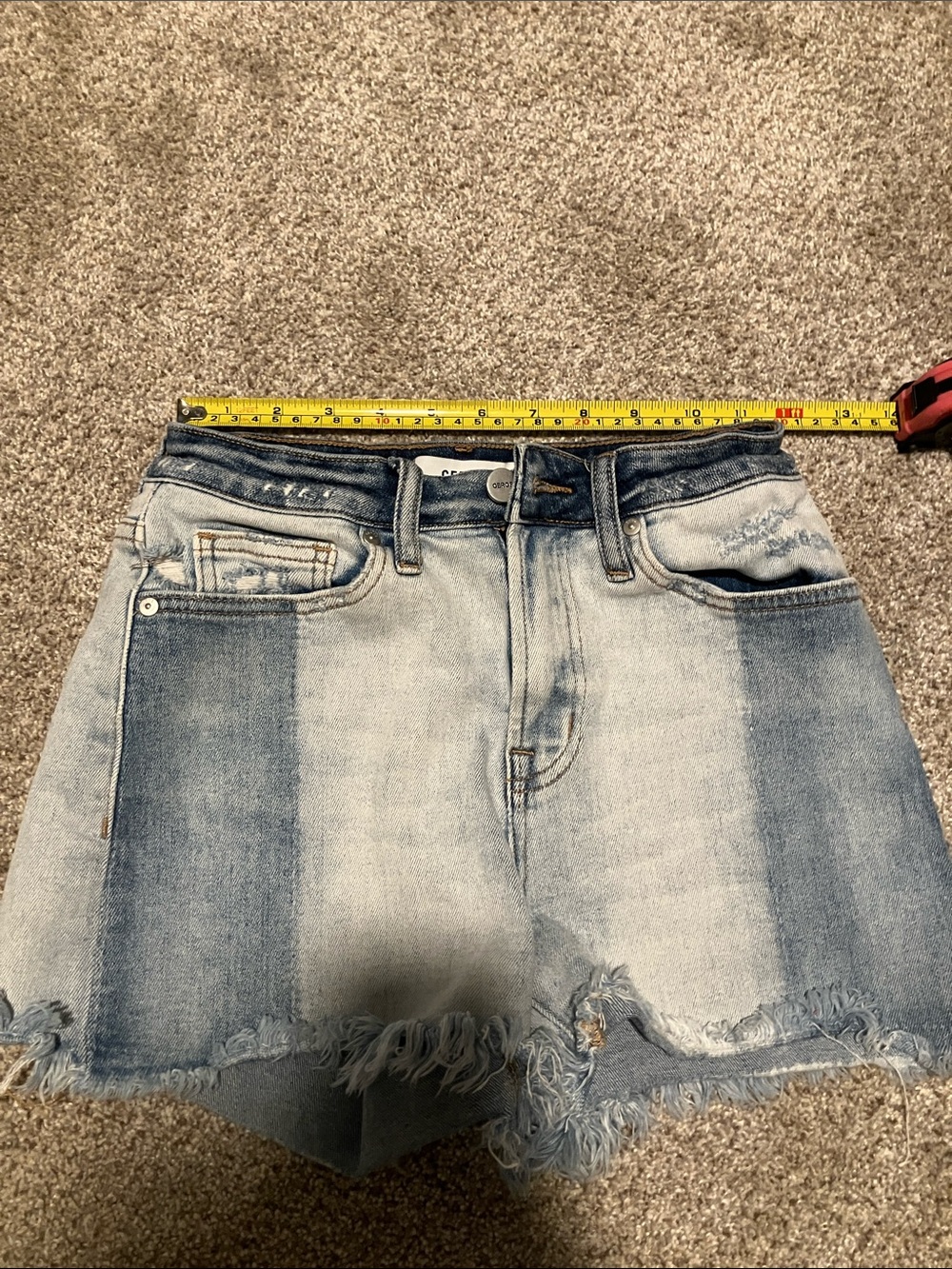Two-Tone Light Blue Denim Jean Shorts with Frayed Hem